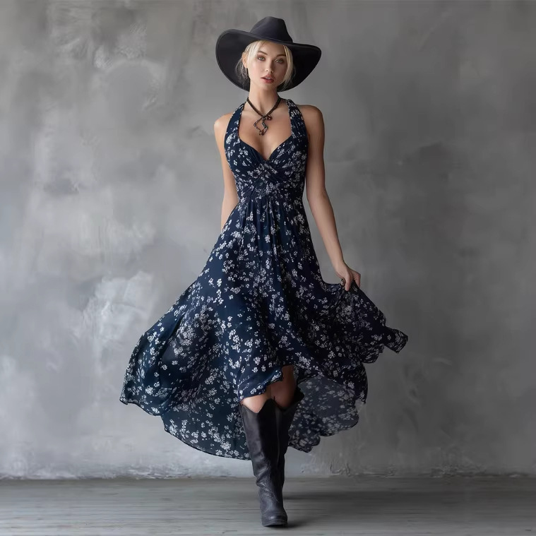 Vintage Floral Print Navy Chiffon Maxi Dress