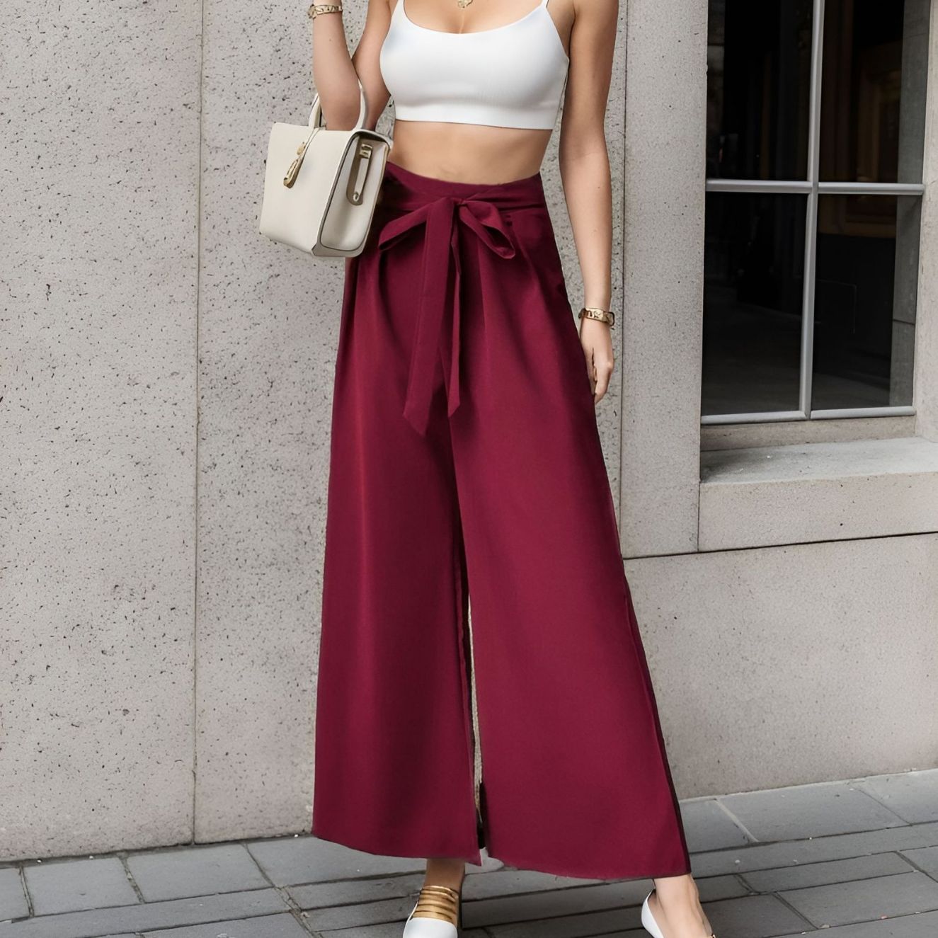 High-Waist Tie-Front Wide-Leg Commuter Pants