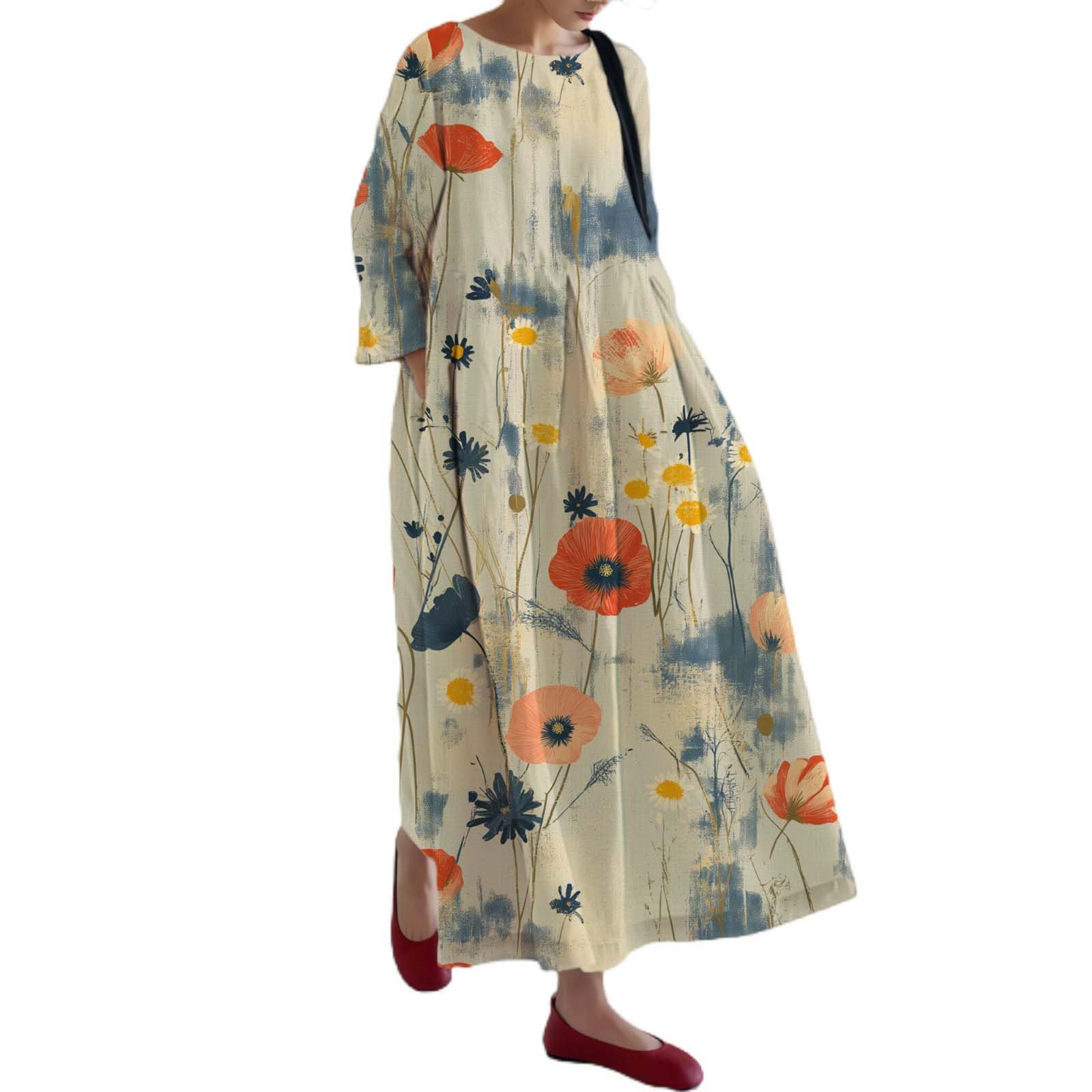 Women's Floral Print Casual A-Line Midi Dress
