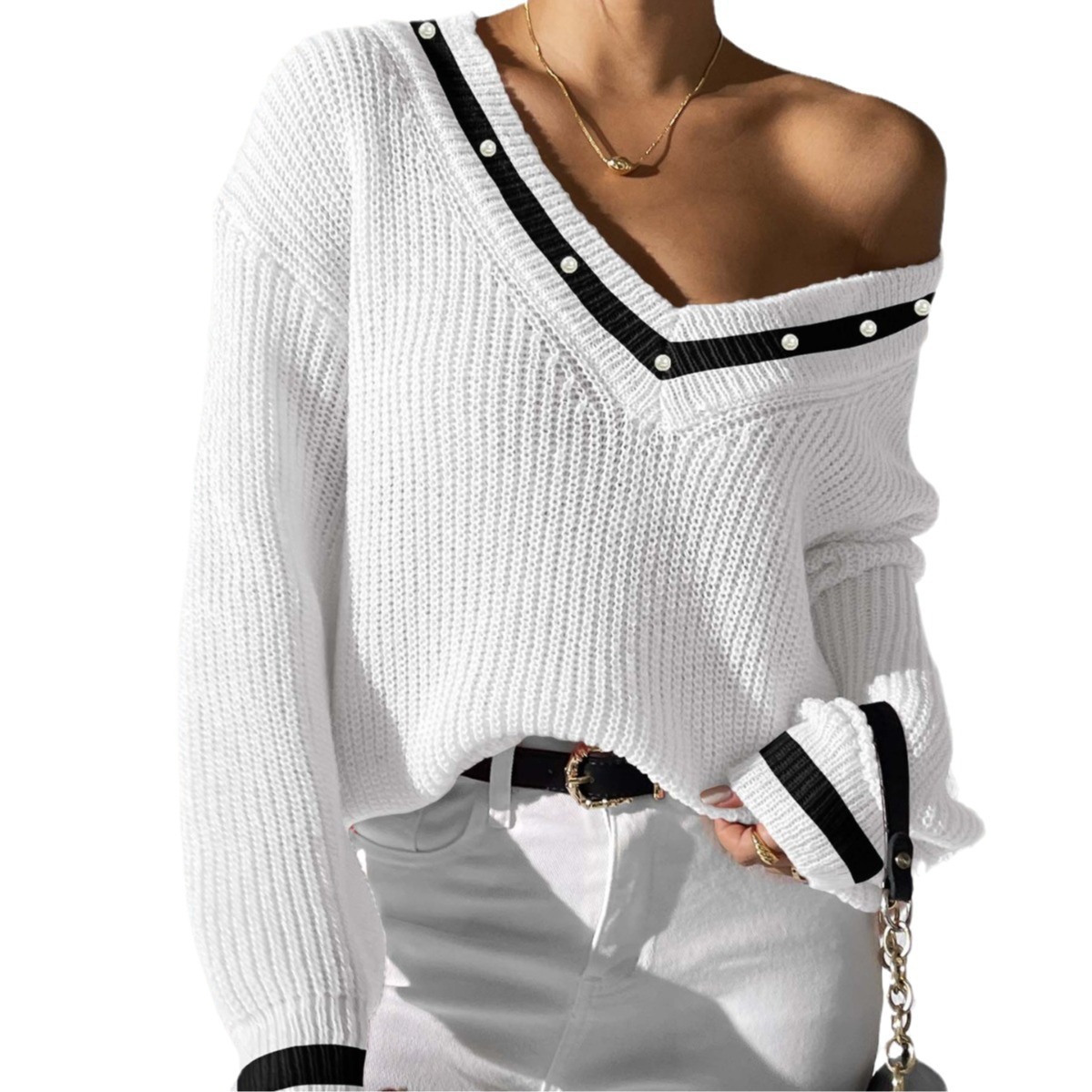 Preppy Colorblock V-Neck Beaded Knit Sweater