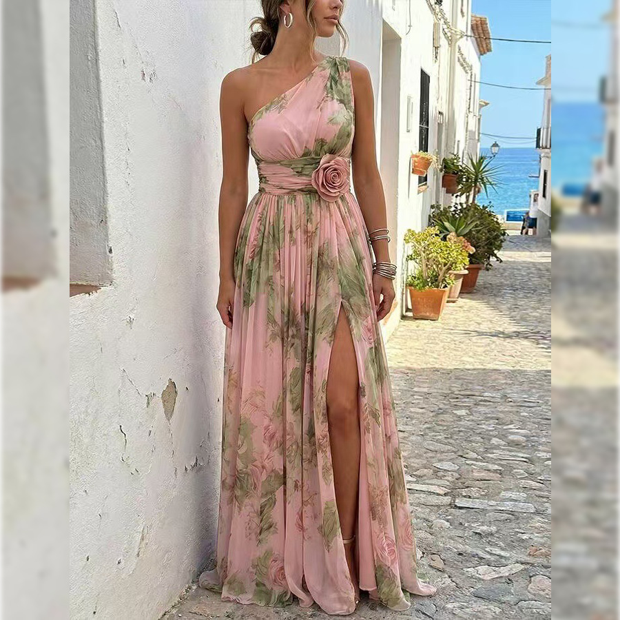Women's Printed Slit Dress with Asymmetric Neckline