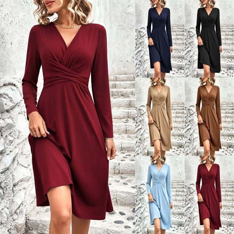 Solid V-Neck Cross Ruched Long Sleeve Midi Dress