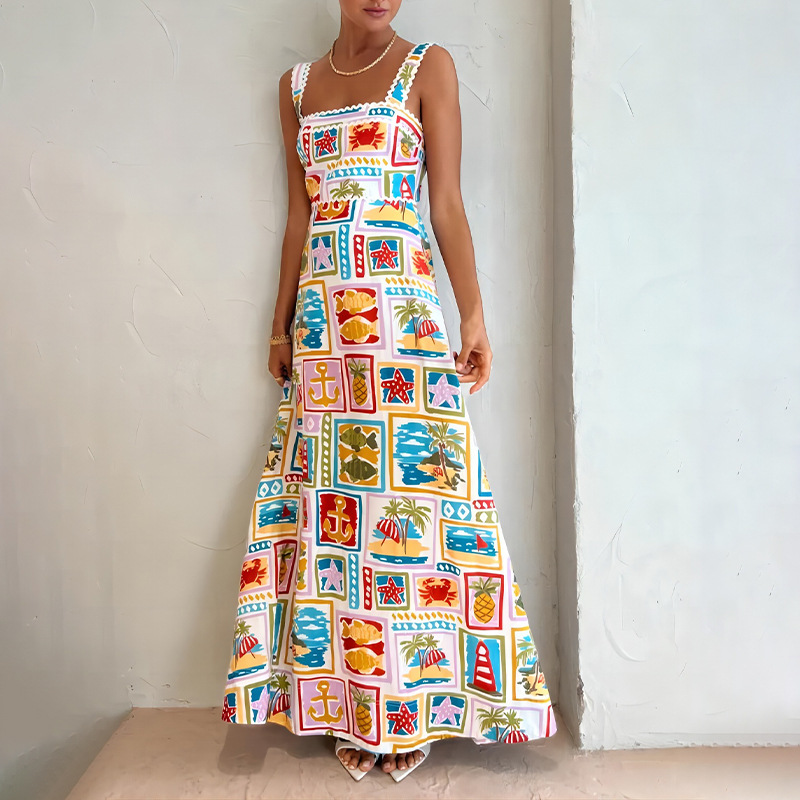 Women's Graffiti Print Sleeveless Maxi Dress Square Neck