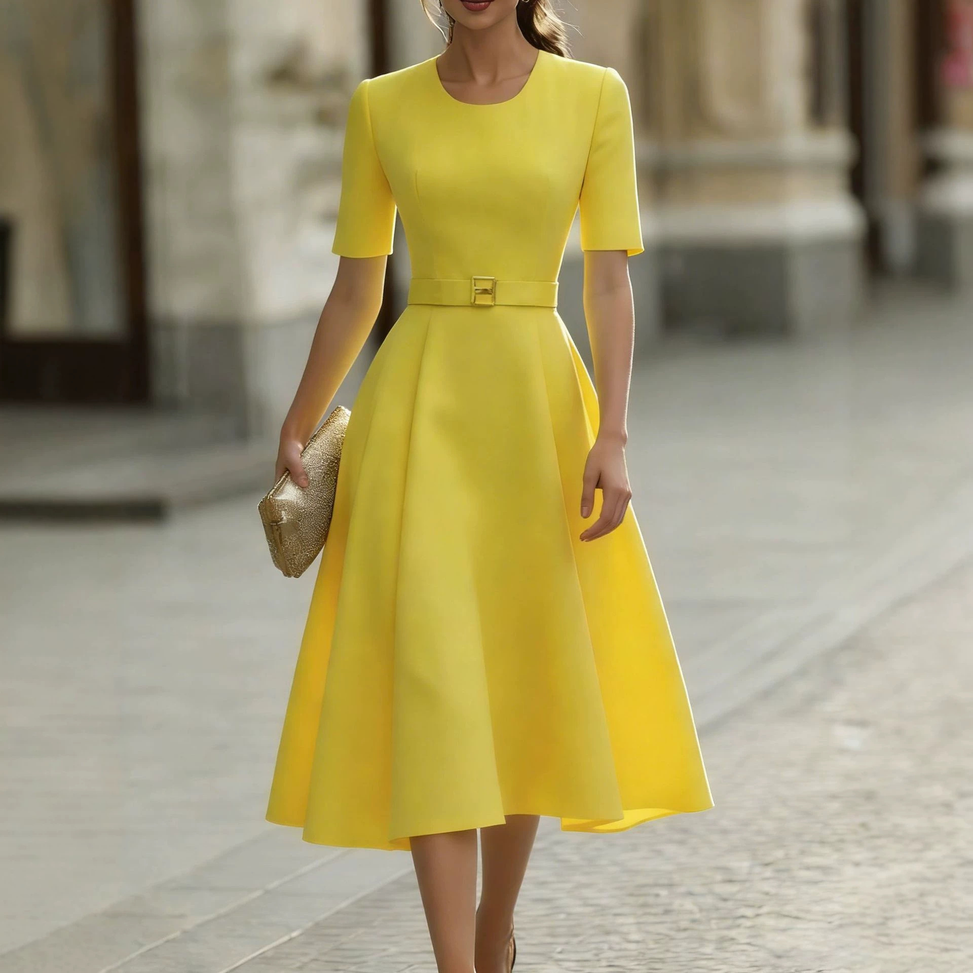 Elegant Solid Crewneck Mini Dress with Belt
