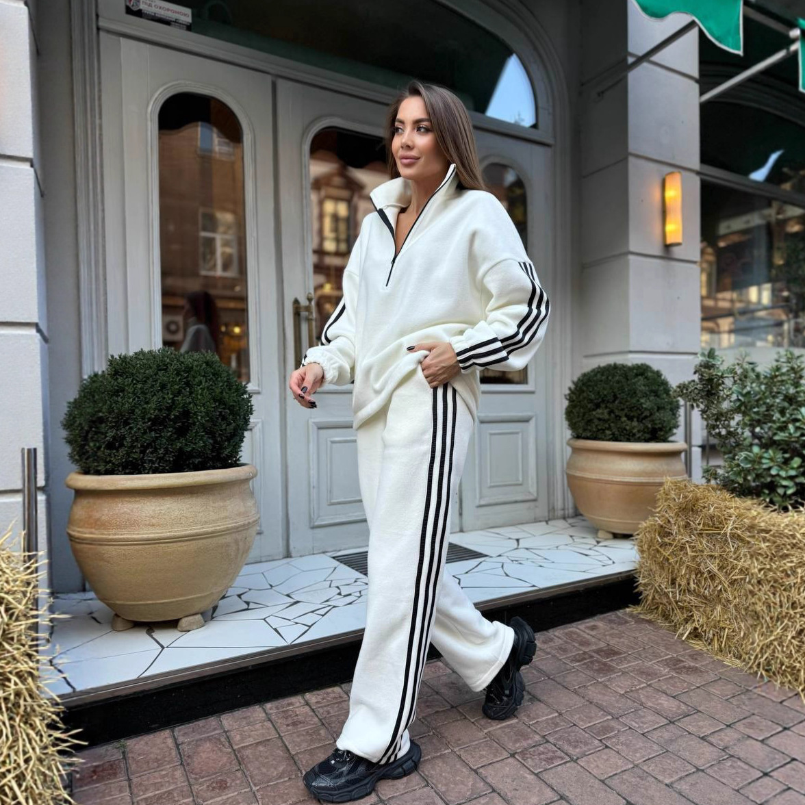 Women's Solid Color Long Sleeve Zip Loose Top and Tie-Waist Pants Two-Piece Set