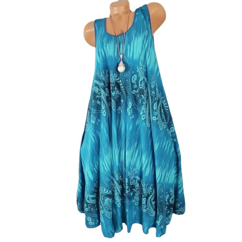 Women's Floral Digital Print A-Line Midi Dress Sleeveless High Waist