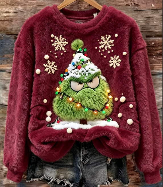 Goblin Snowflake Print Long-Sleeve Pullover Fleece Sweatshirt