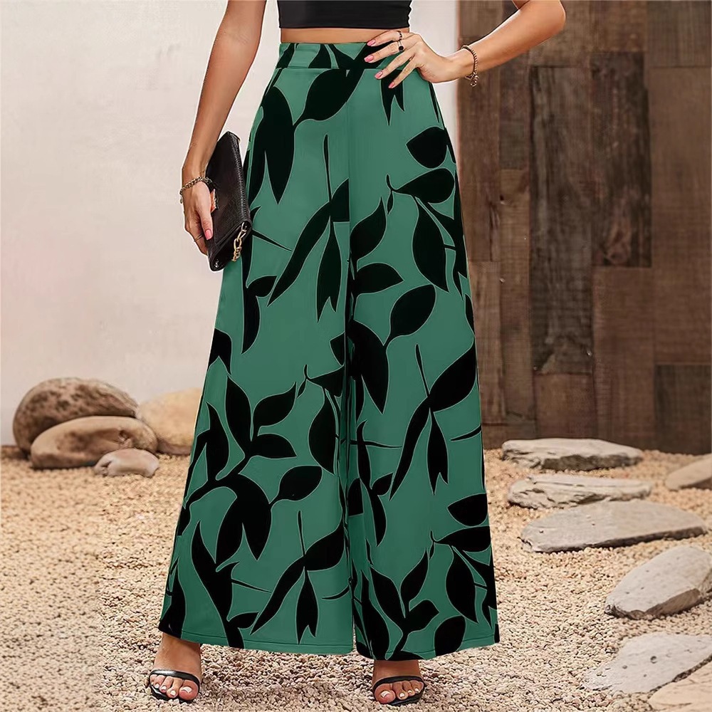 Leaf Print Wide-Leg Casual Pants for Women