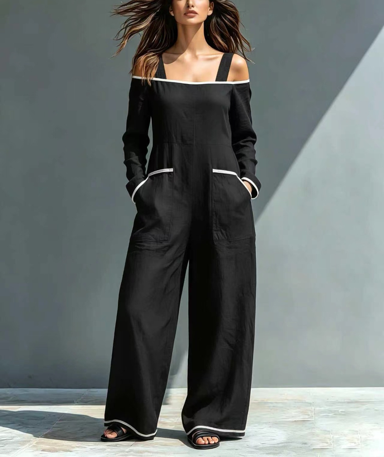 Off-Shoulder Colorblock Wide-Leg Jumpsuit with Pockets