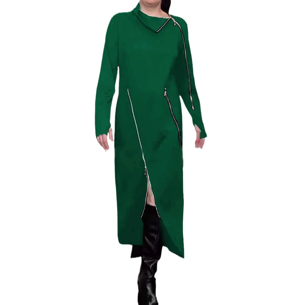 Women's Solid High Neck Zip Long Sleeve Dress