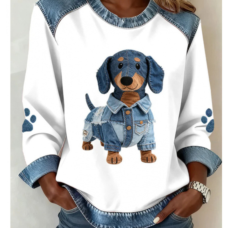 3D Print Colorblock Denim Collar Pullover Sweatshirt Women's Long Sleeve Loose Fit