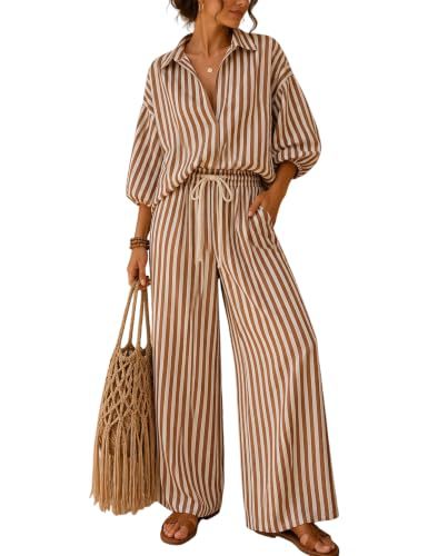 Striped Collared Lantern-Sleeve Shirt & Wide-Leg Pants Two-Piece Set