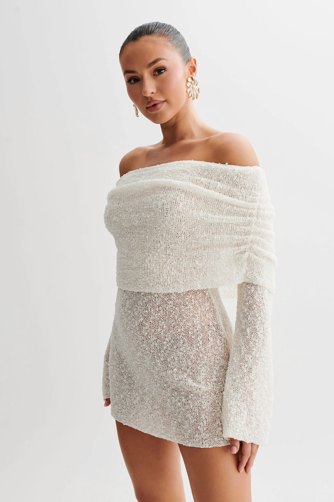 Sheer Long Sleeve Off-Shoulder Bodycon Mini Dress