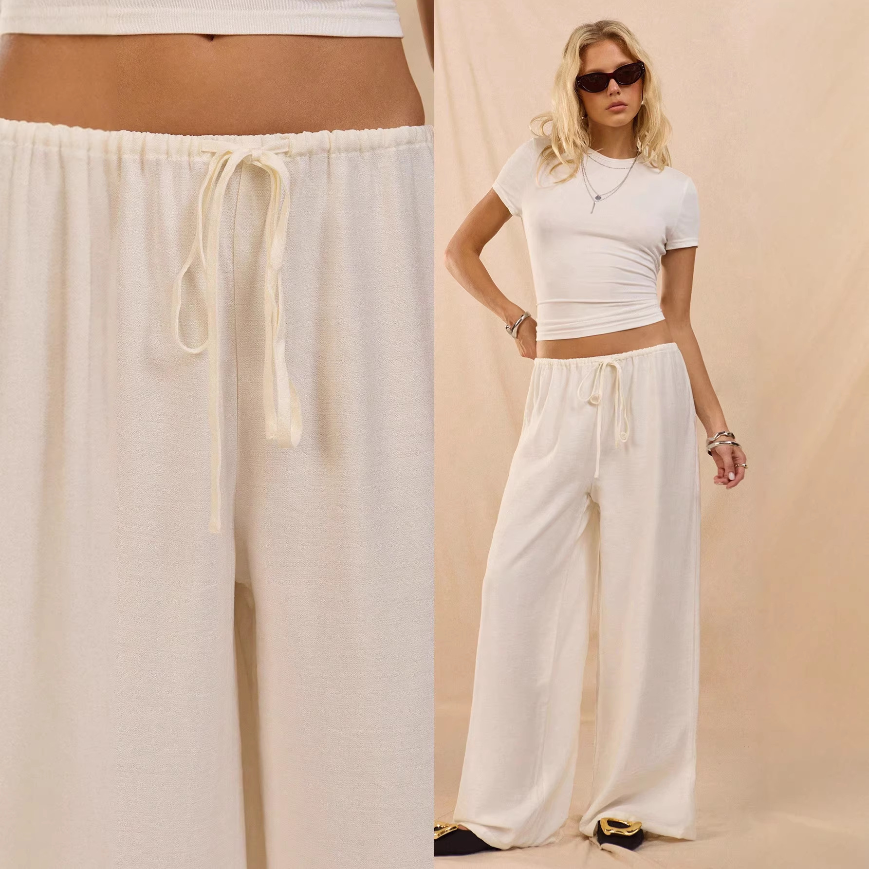 Casual Low-Rise Tie-Waist Wide-Leg Straight Pants