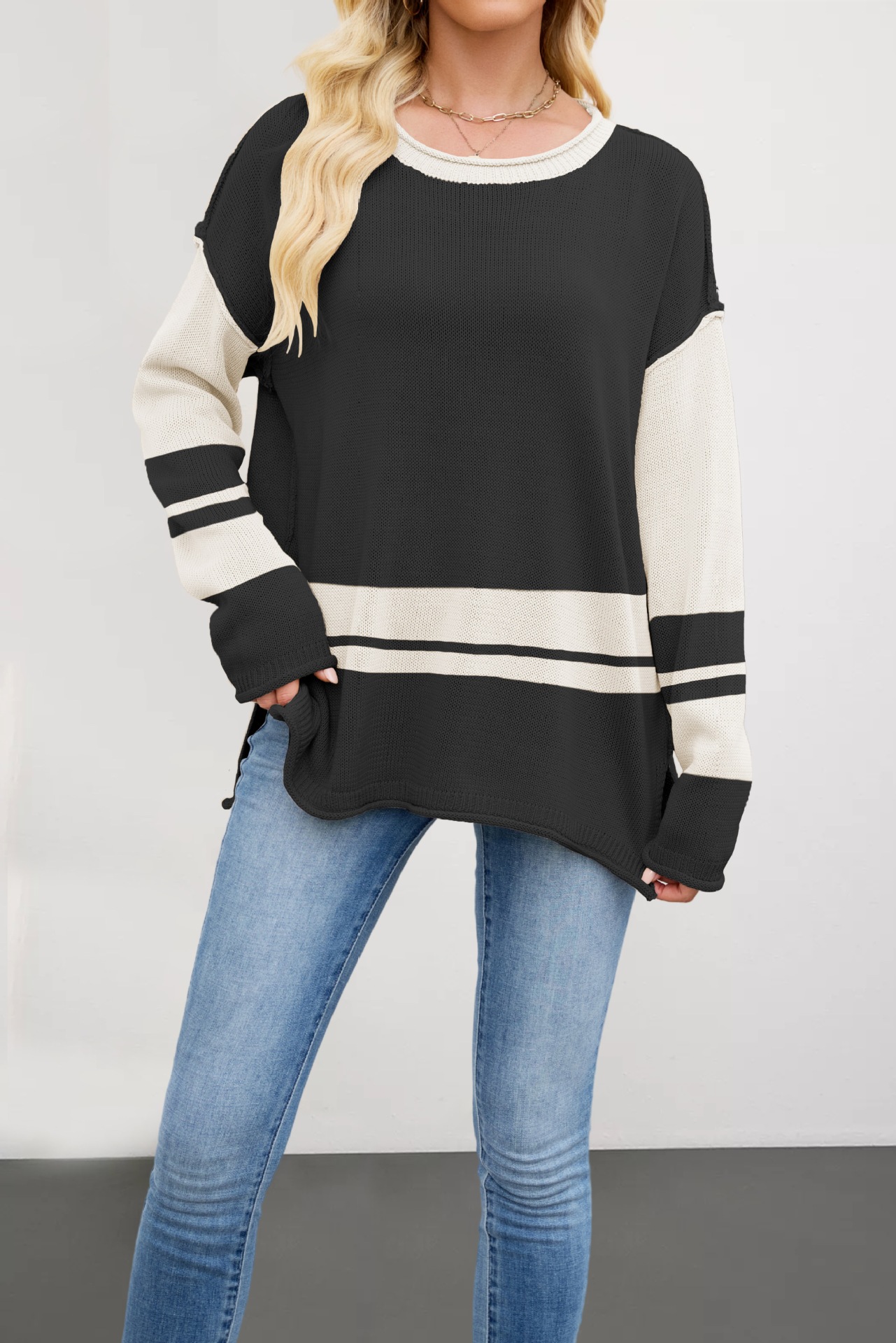 Color-Block Crewneck Knit Sweater, Loose Fit Pullover