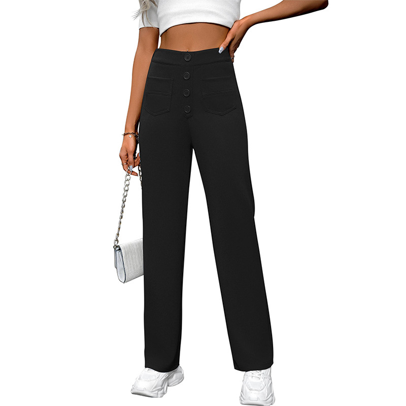 High-Waist Wide-Leg Button Pants with Pockets Casual Straight-Leg Trousers