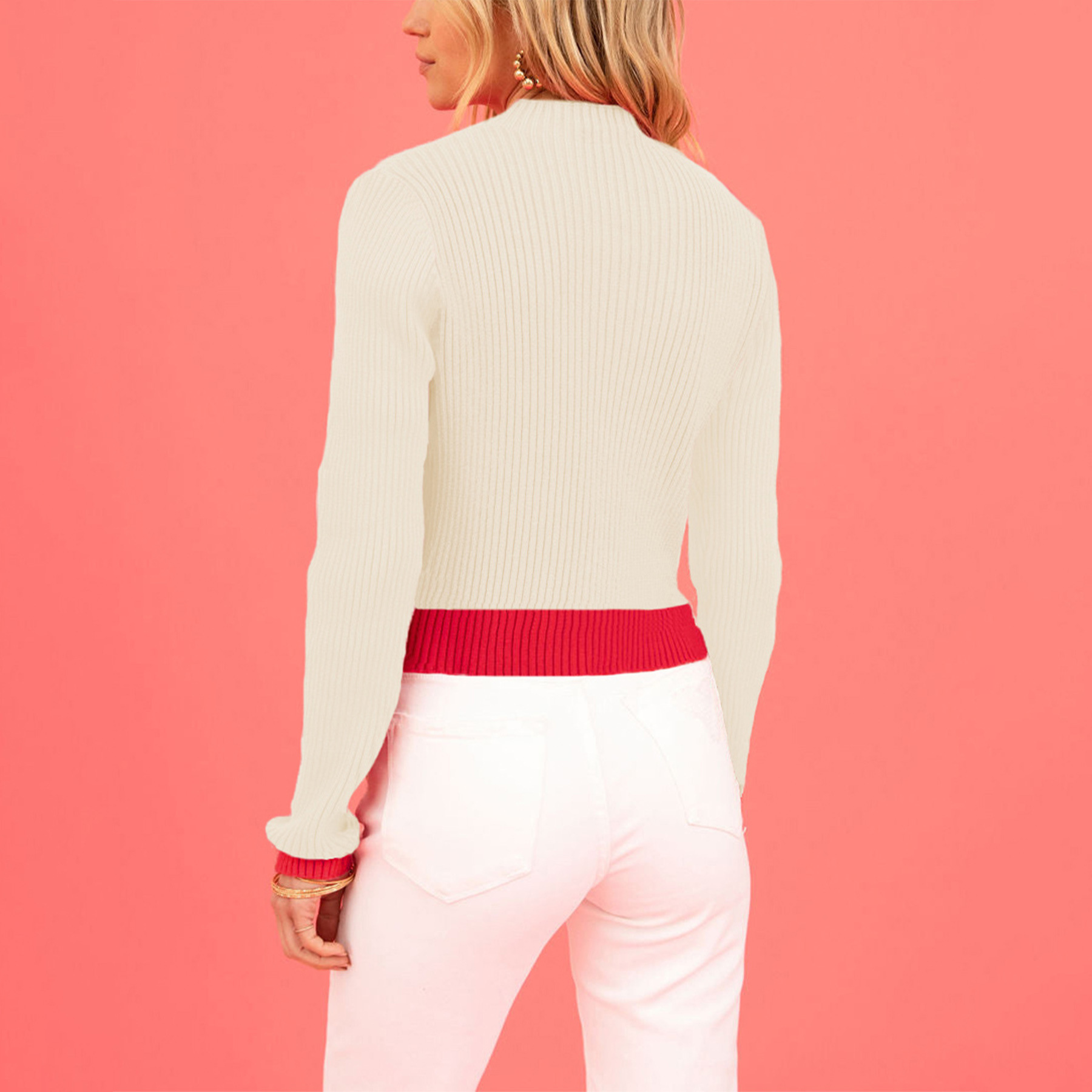 Colorblock Heart Mock Neck Slim Fit Knit Sweater