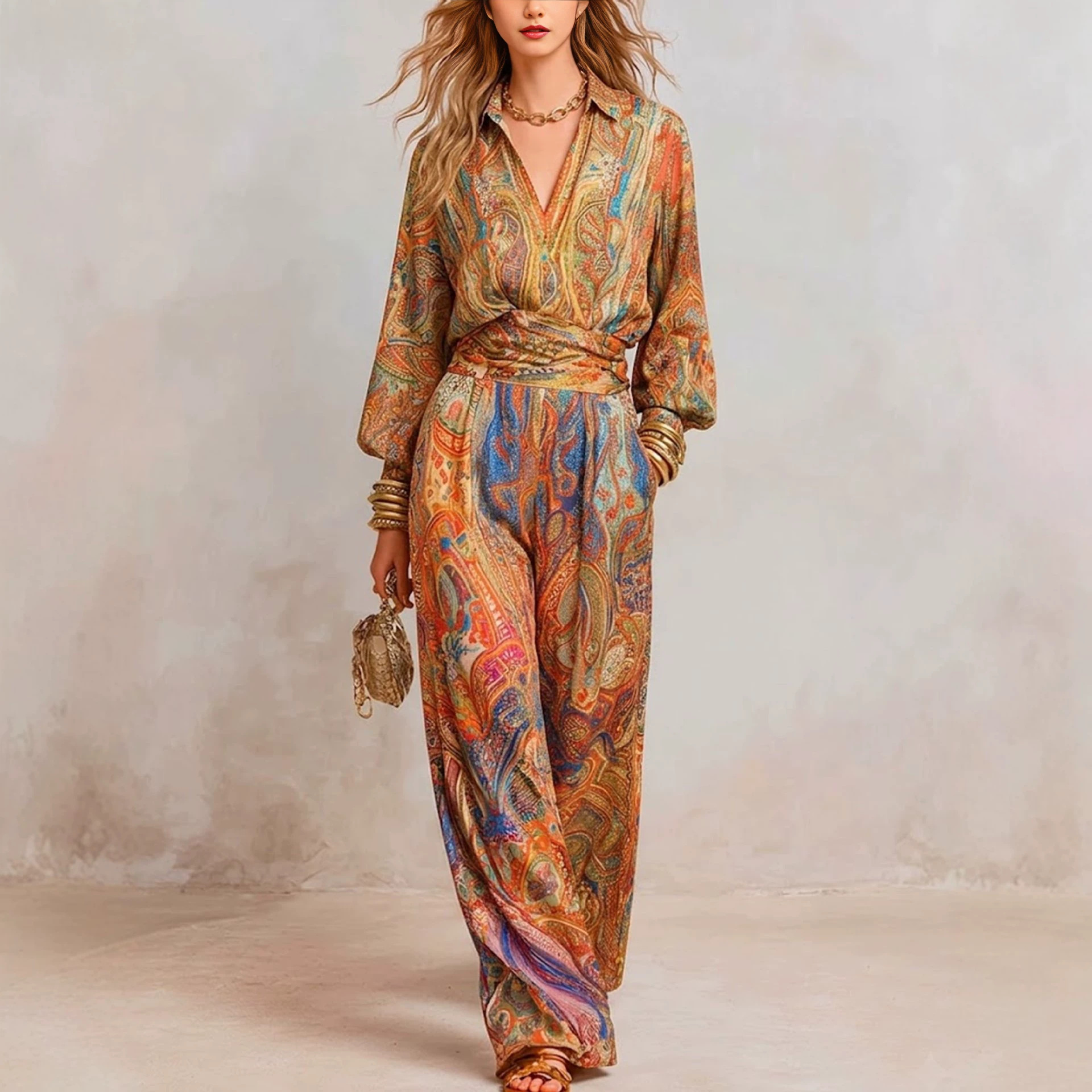 Bohemian Floral Print Two-Piece Pant Set with Lantern Sleeve Shirt