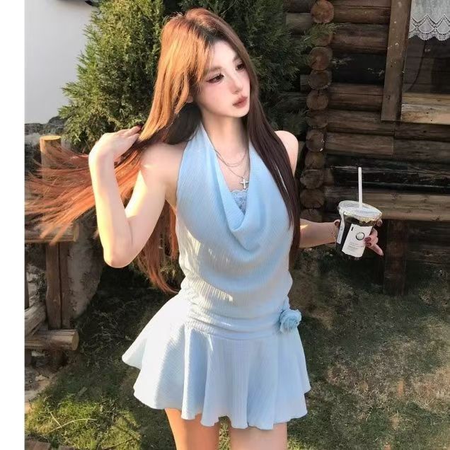 Sexy Halter Neck Backless Bodycon Mini Dress with Draped Neckline
