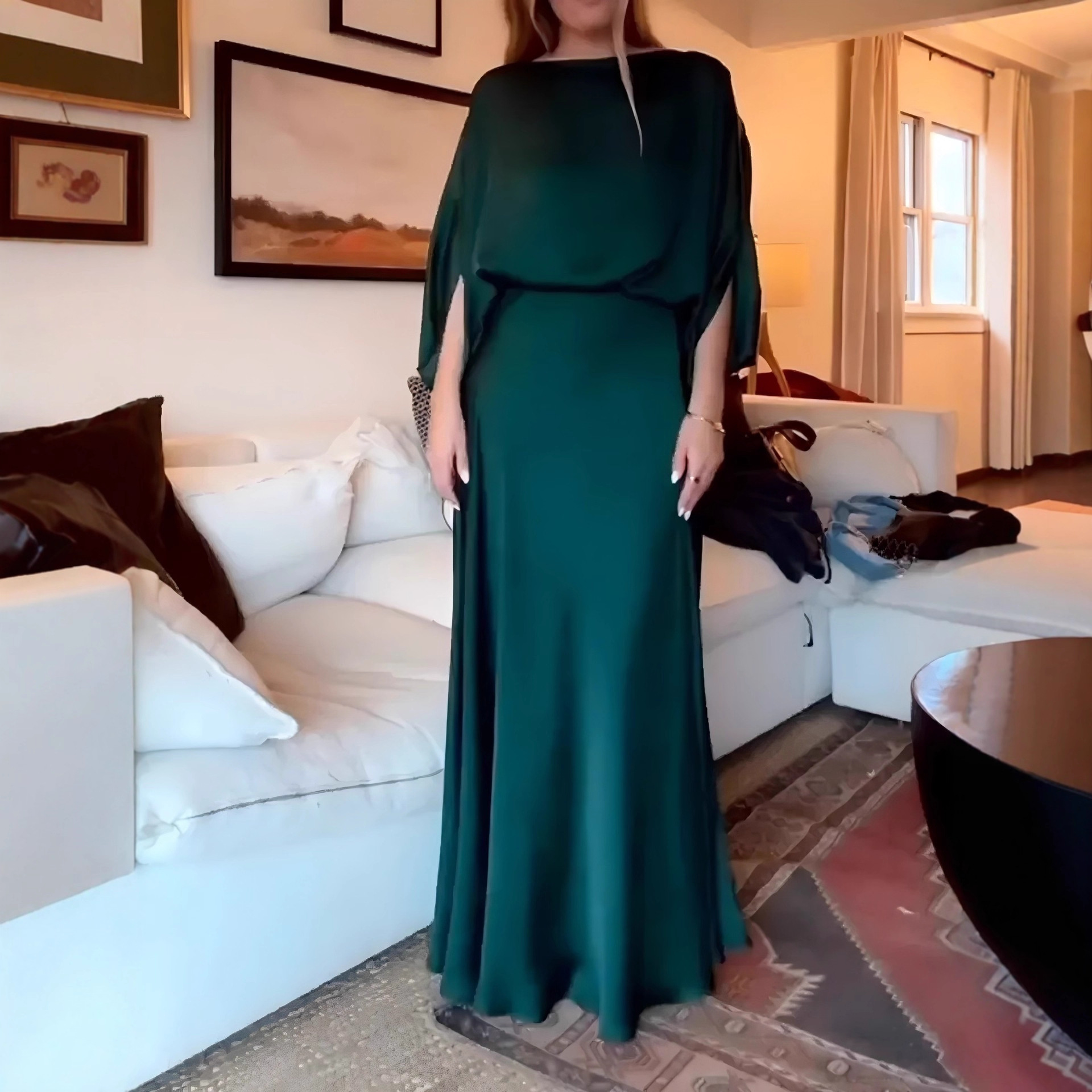 Women's Satin Bodycon Long Dress with Off-Shoulder Neckline and Flutter Sleeves