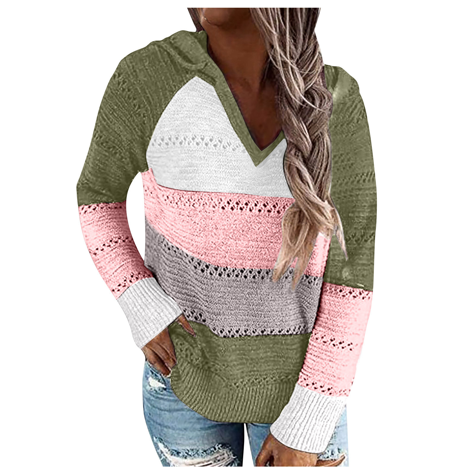 Solid V-Neck Heart Cutout Loose Knit Sweater