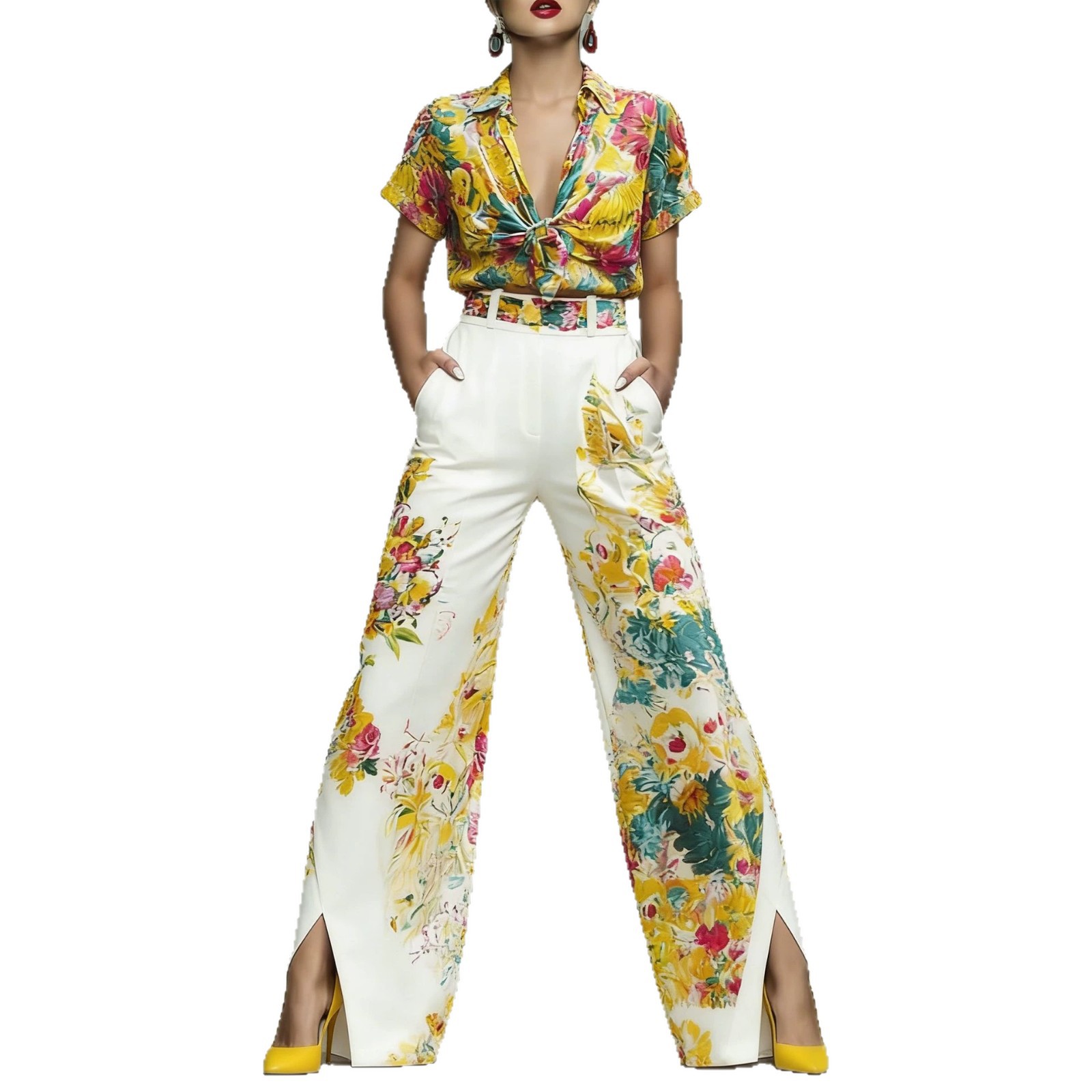 Women's Floral Print Knot Shirt and Pants Two-Piece Set