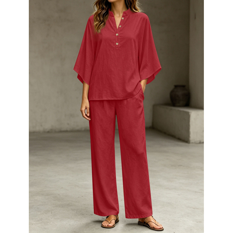 Minimalist Loose Batwing Sleeve Half-Placket High-Waist Wide-Leg Two-Piece Set