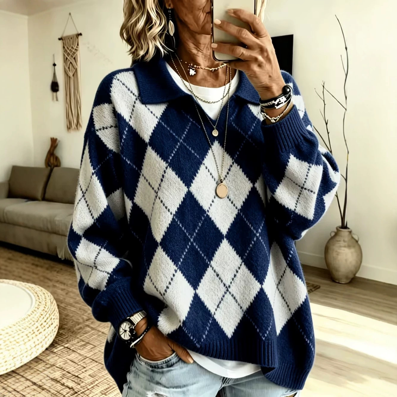 Diamond Plaid V-Neck Collared Knit Sweater
