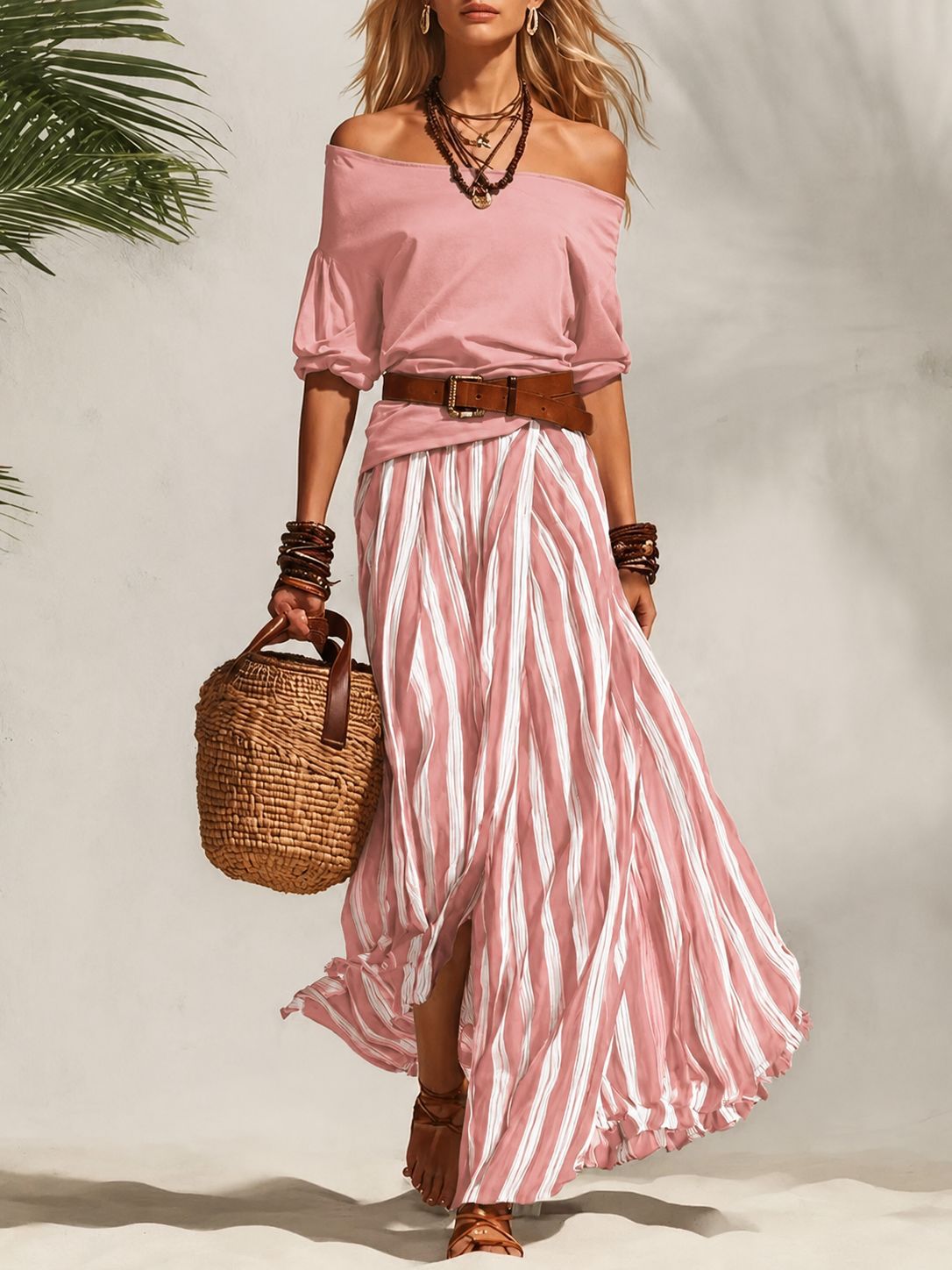 Off-Shoulder Top and Slit Skirt Two-Piece Set