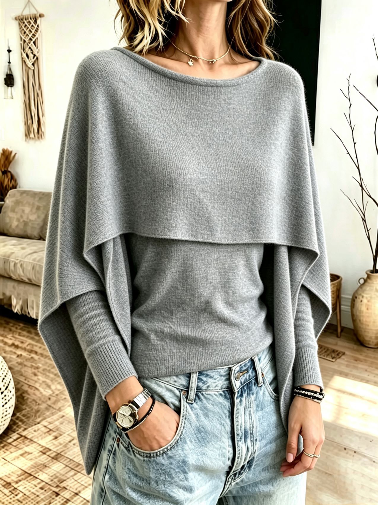 Women's Faux-Layer Cape-Sleeve Knit Sweater, Solid Color Loose Fit