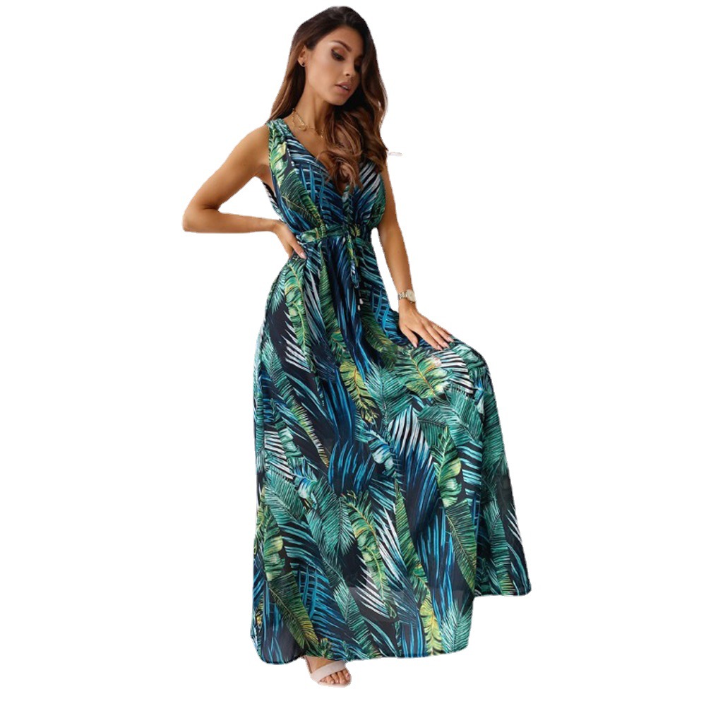 Women's Floral Open-Back Sleeveless V-Neck Midi Dress