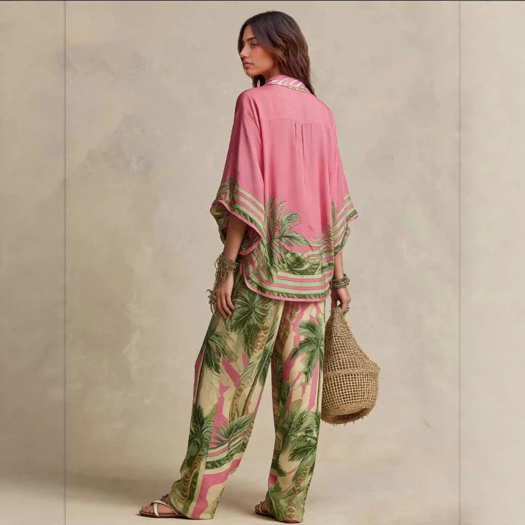 Women's Two-Piece Set with Print, Loose Fit, Round Neck, Batwing Sleeves, High Waist, Long Skirt, Rose Red