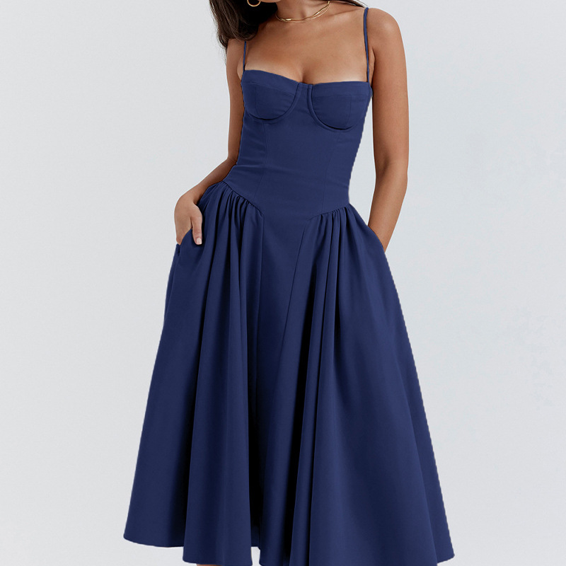 Women's Sleeveless Spaghetti Strap French Dress with Waist