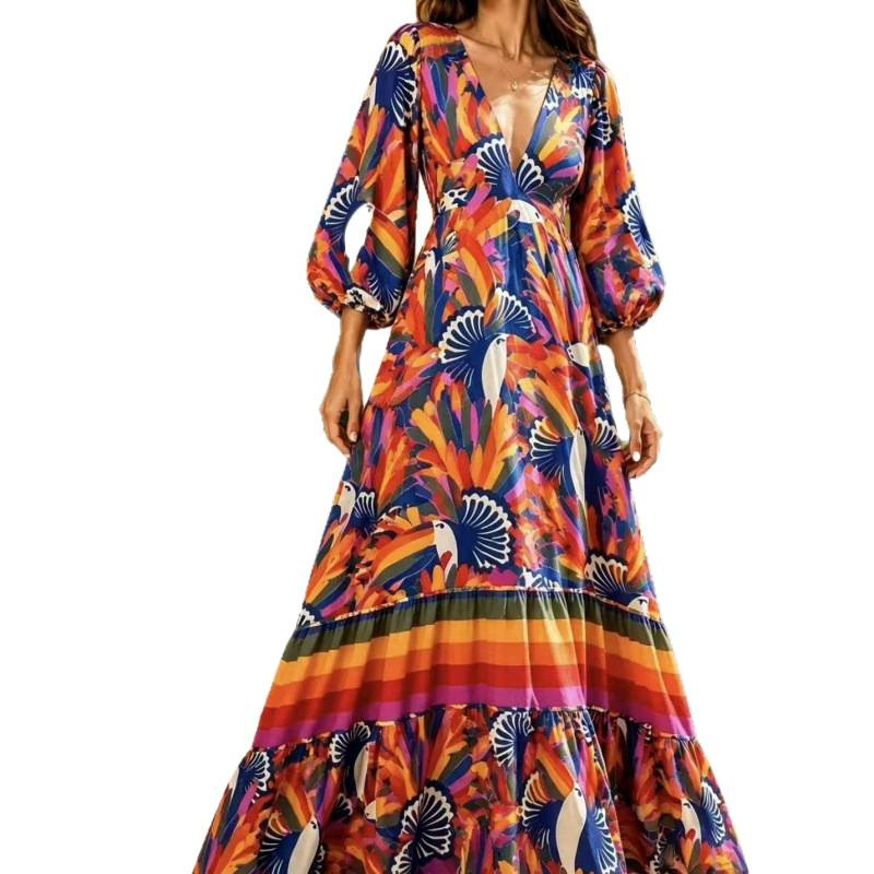 Printed V-Neck Short Sleeve Maxi Dress