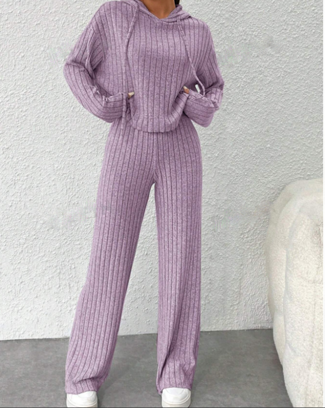 Striped Hooded Knit Sweatsuit Set Long Sleeve Top & Pants Relaxed Fit