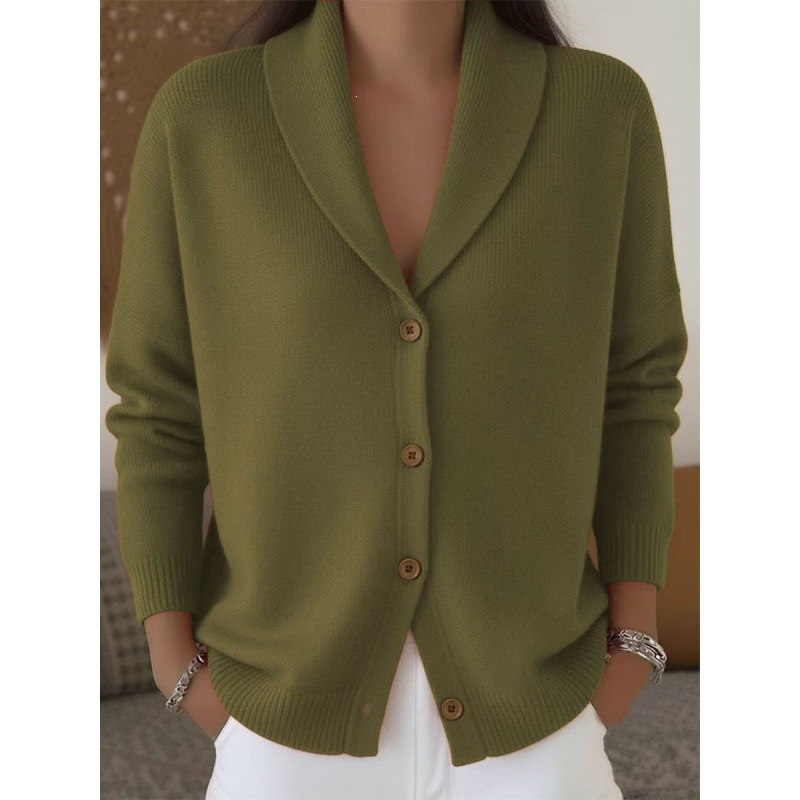 Women's Soft Knit Cardigan Loose Lazy Style Collared Button-Down Long Sleeve Solid Color