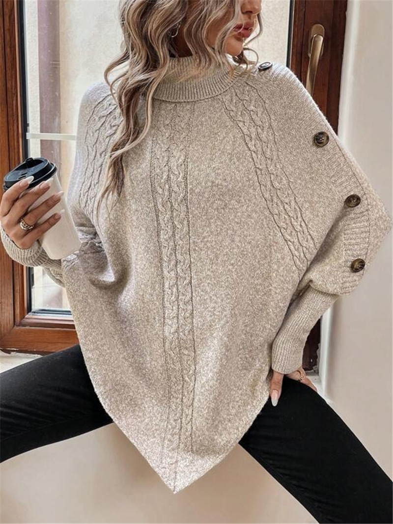 Cable-Knit Turtleneck Button-Trim Batwing Sweater