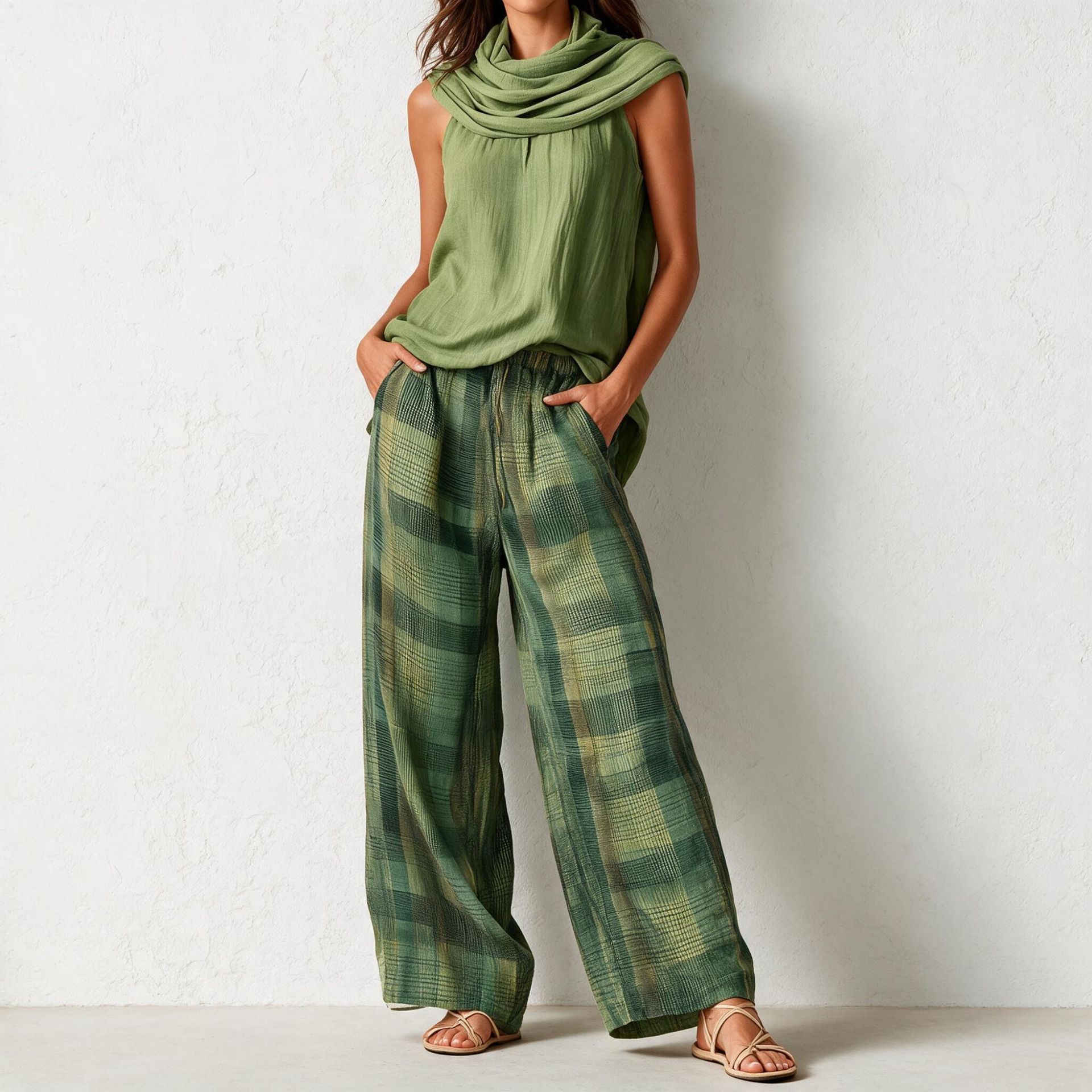 Women's Retro Sleeveless Top and Plaid Pants Set