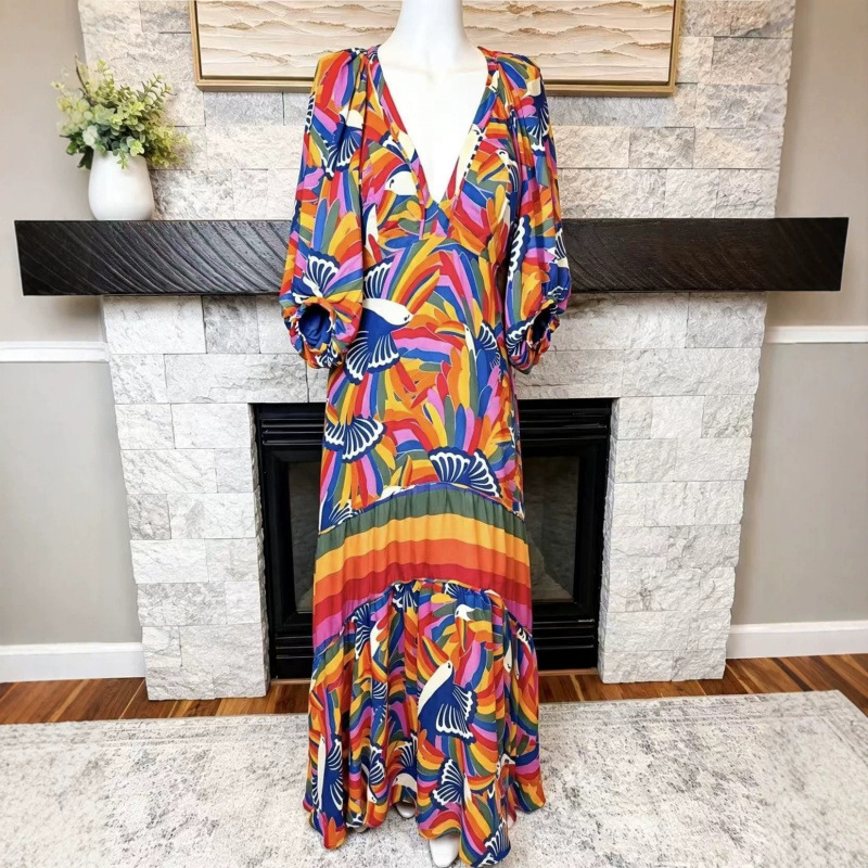 Printed V-Neck Short Sleeve Maxi Dress