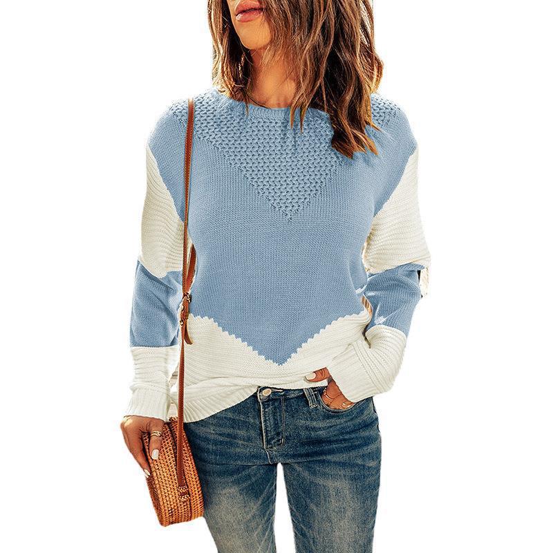 Women's Color-Block Crewneck Knit Sweater Long-Sleeve Pullover