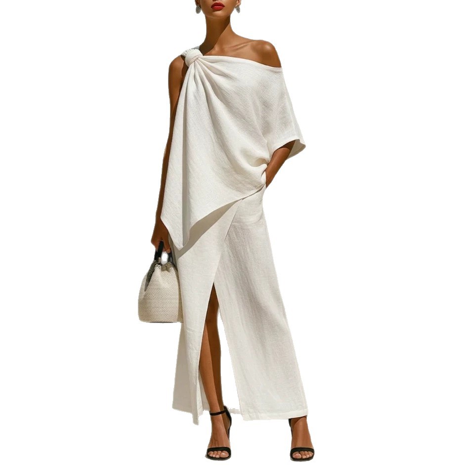 Women's Solid Color One-Shoulder Knot Front Slit Irregular Two-Piece Set