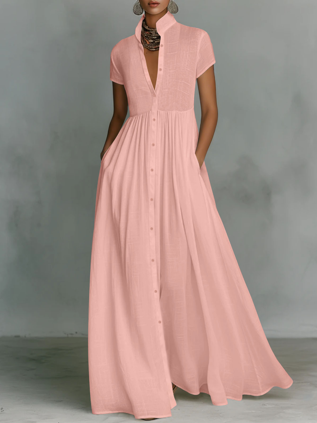 Elegant Stand Collar High Waist Pleated Flowy Maxi Dress