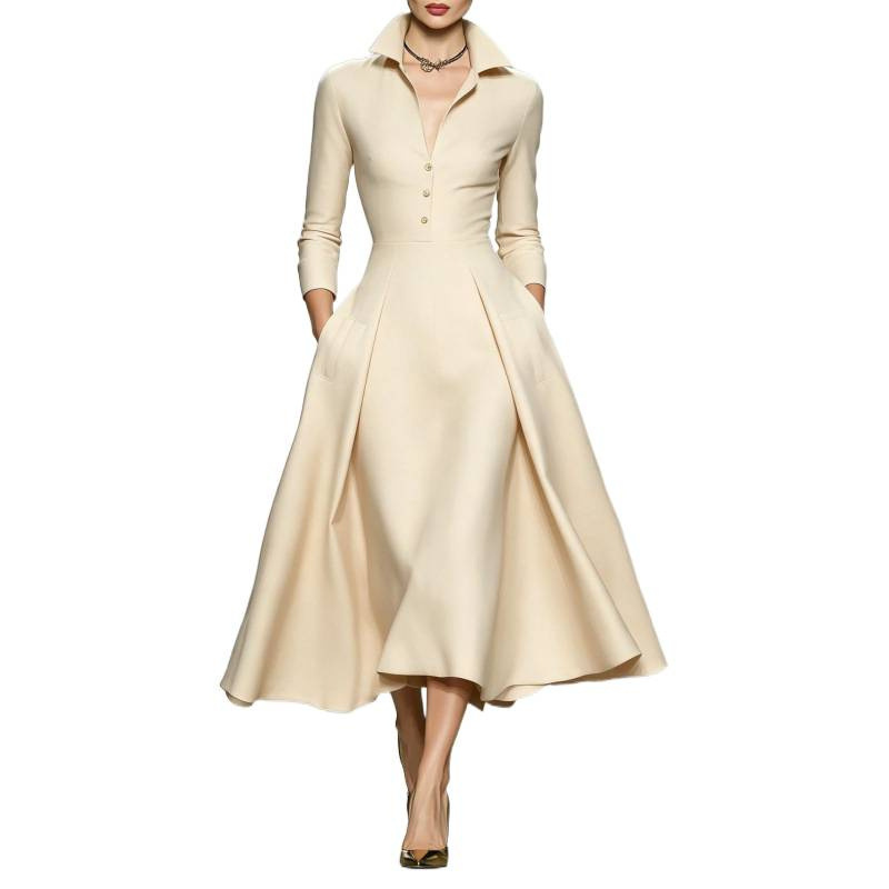 V-Neck Waist-Cinching Long-Sleeve Midi Dress
