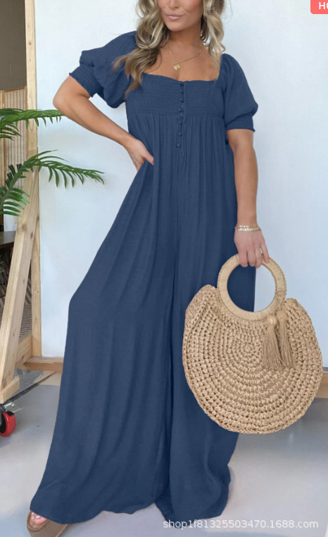 Plus Size Solid Color Puff Sleeve Ruched Jumpsuit