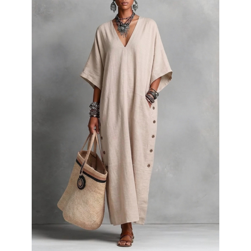 Cotton Linen Loose V-Neck Side Button Casual Long Dress