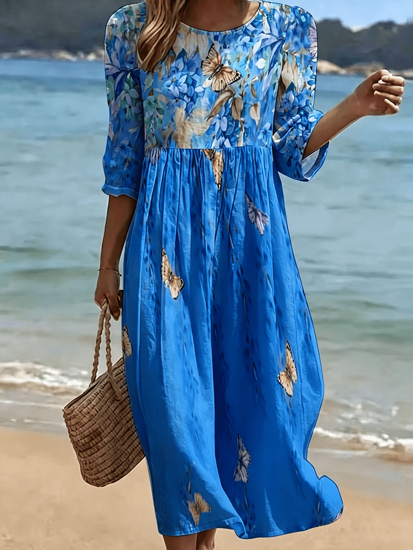 Women's Plaid Color-Block Floral Midi Dress with Pleated Details