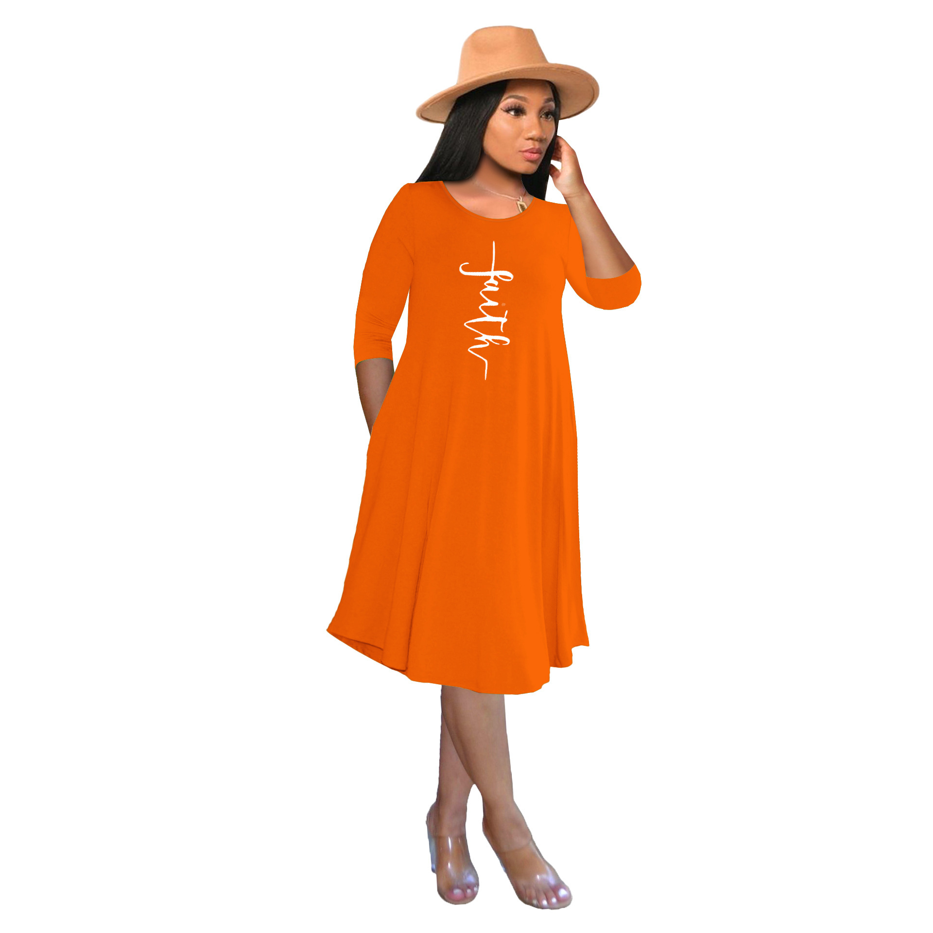 Faith Print A-Line Midi Dress with 3/4 Sleeves