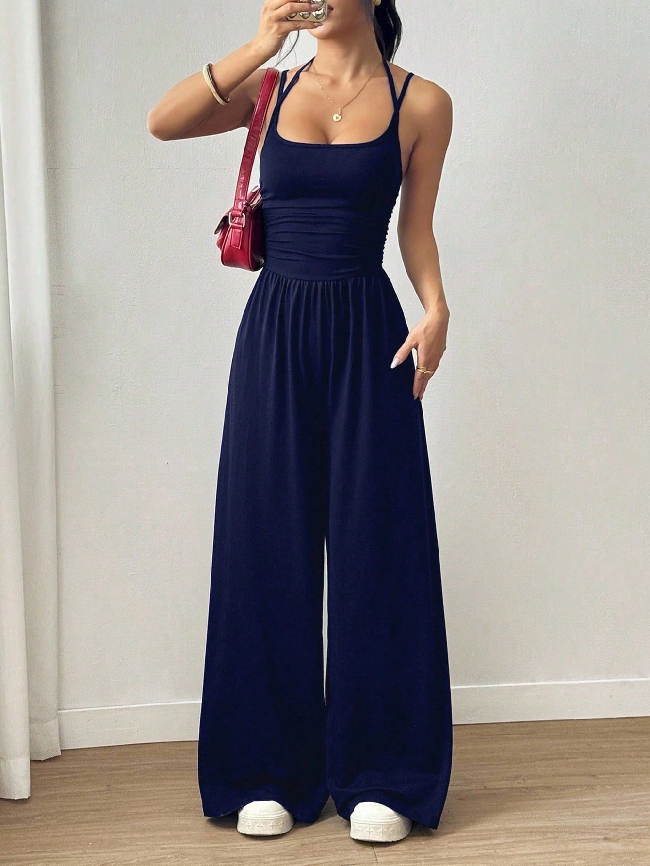 Women's Sleeveless Strapless Wide-Leg Jumpsuit Solid Color