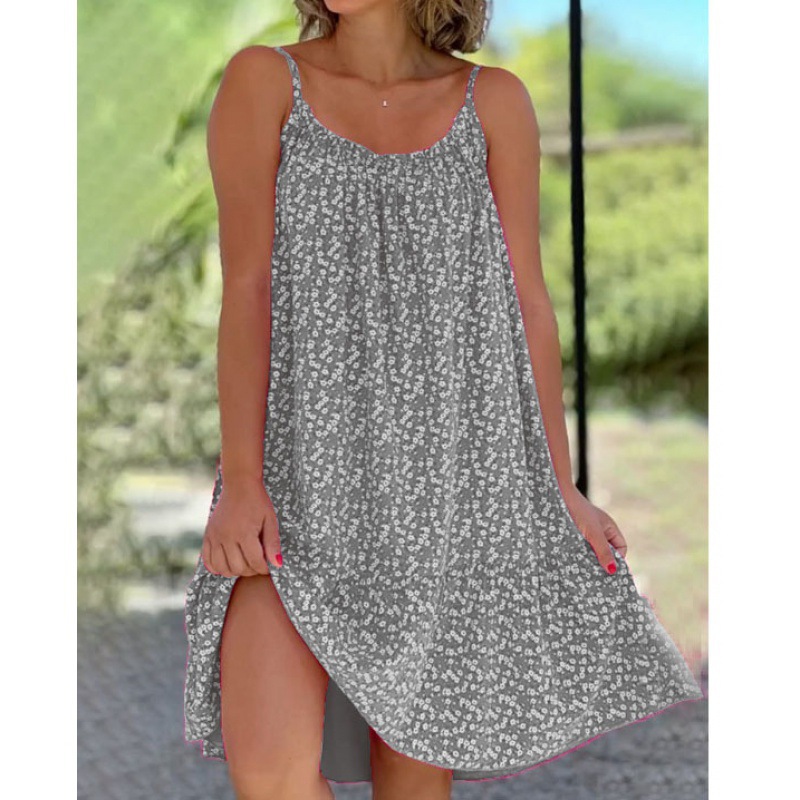 2023 New Amazon Independent Station Europe & US Cross-Border Hot-Selling Hem Pleated Floral Spaghetti Strap Loose Dress Women