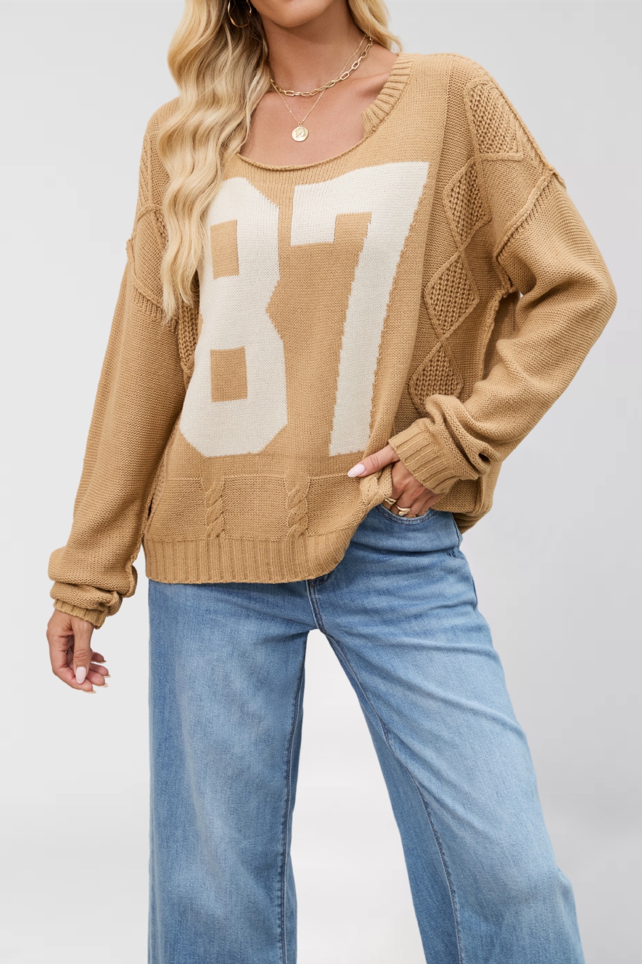 Women's Colorblock Knit Pullover Sweater Loose Long Sleeve Crew Neck